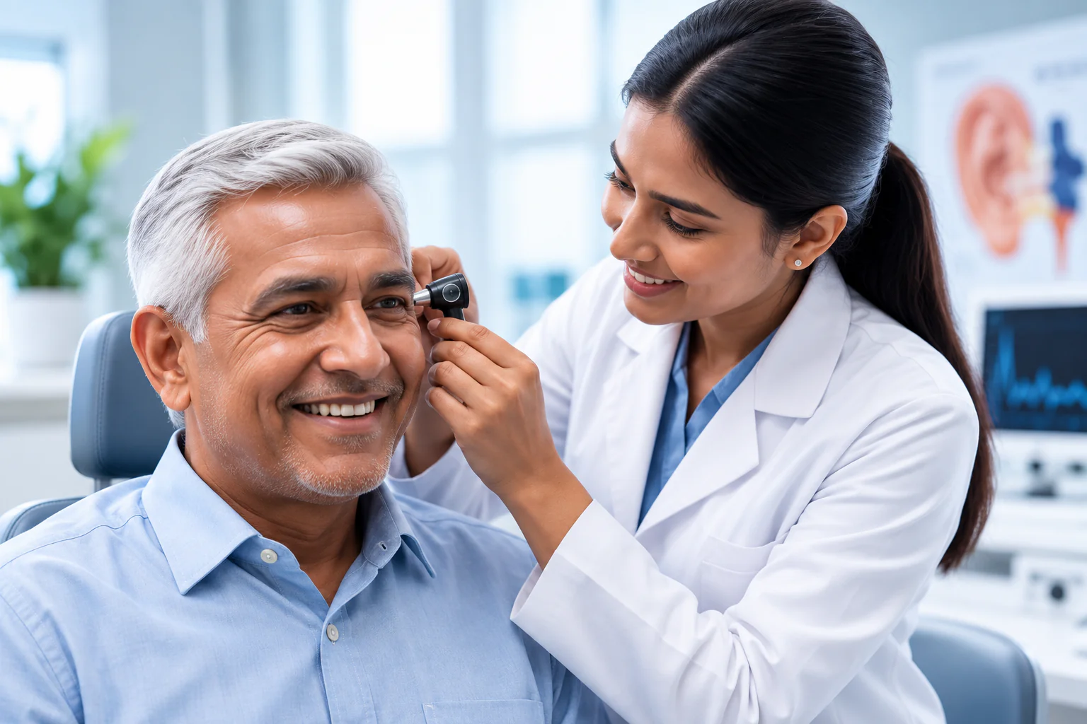 ENT specialist examining a patient's ear