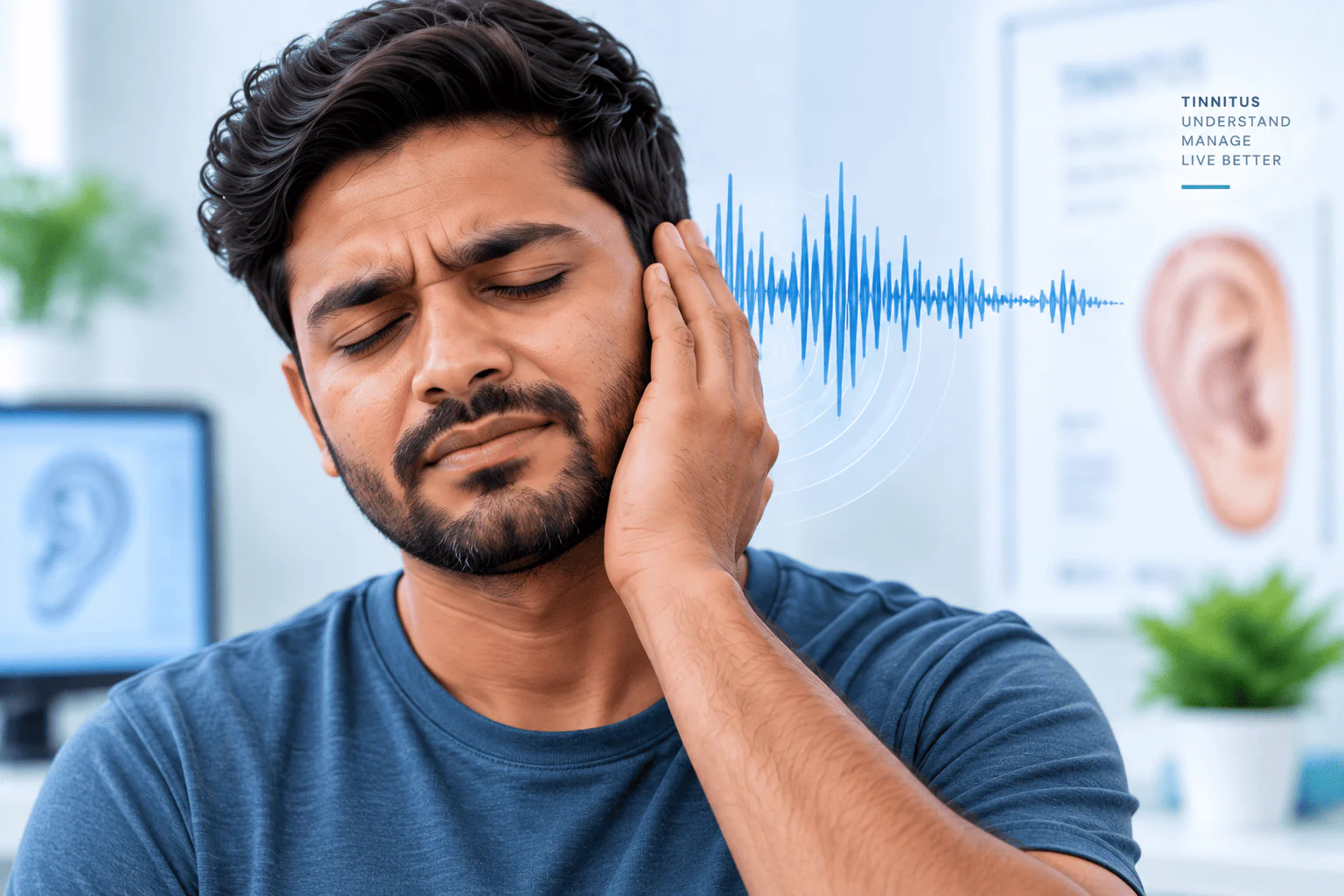 Audiologist performing a hearing assessment on a patient with tinnitus