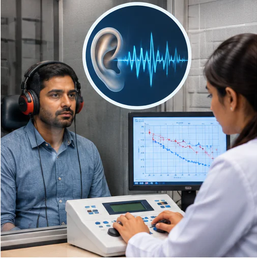 Hearing test for tinnitus in a sound booth