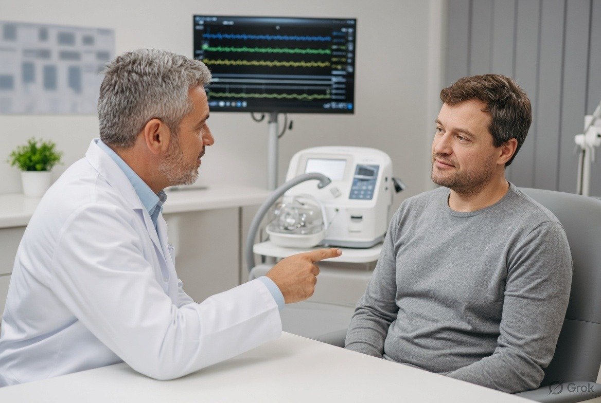 ENT specialist evaluating a patient's upper airway for snoring and sleep apnea