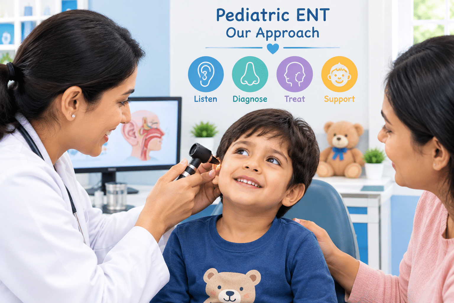 Pediatric ENT specialist gently examining a child's ear