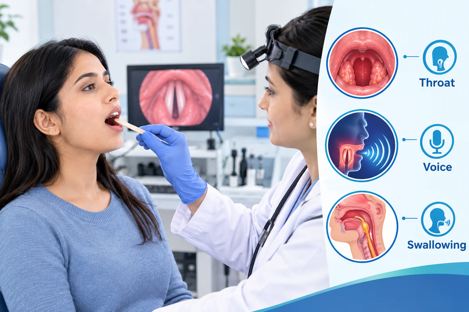 ENT specialist examining a patient's throat and voice