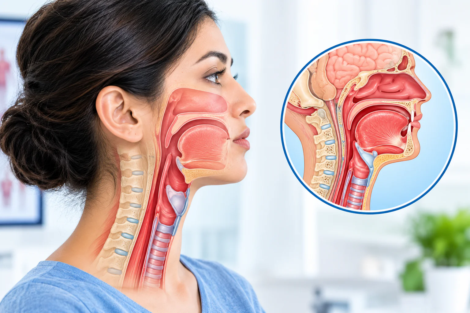 Illustration of the head and neck structures including the thyroid and salivary glands