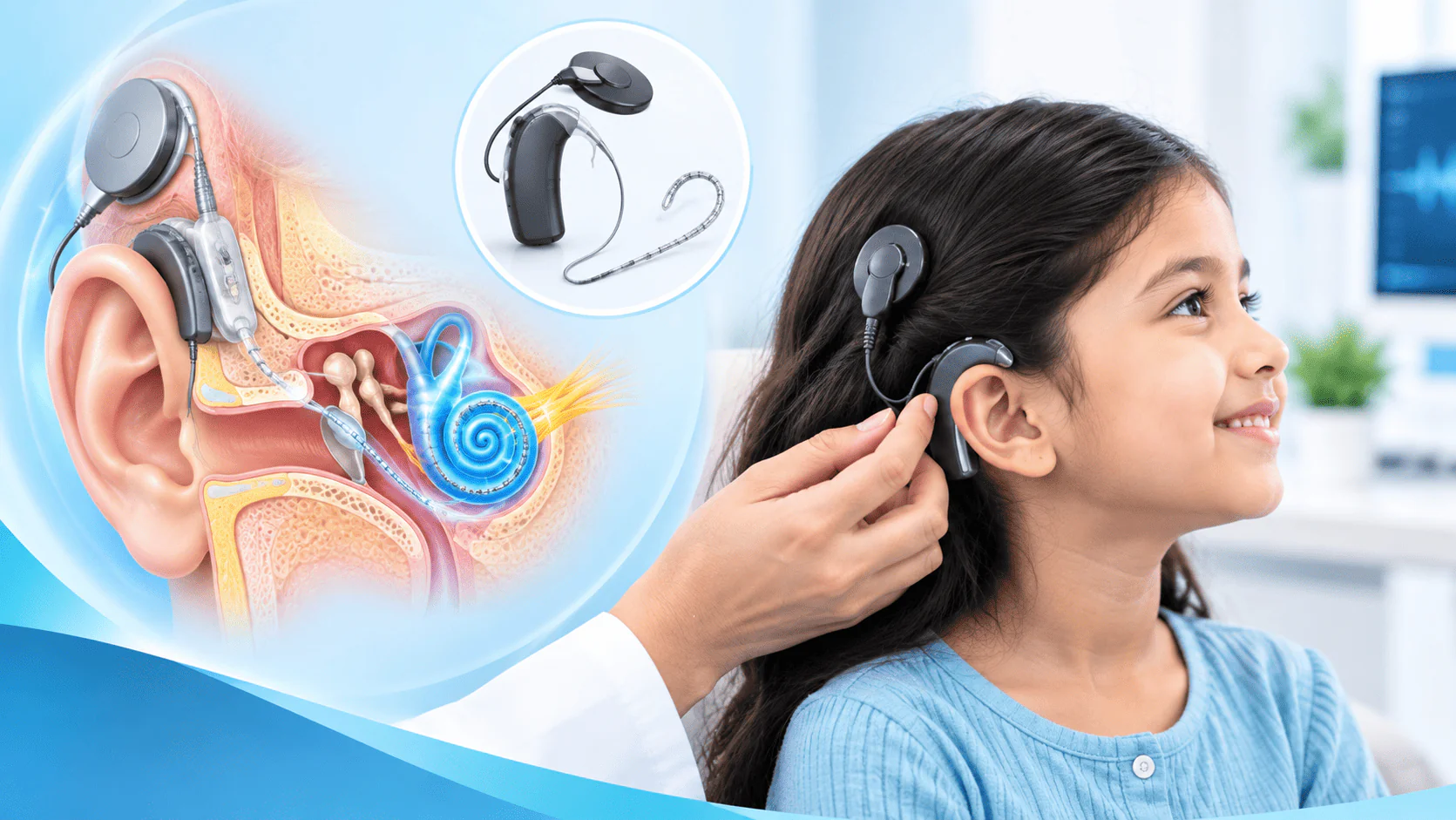 Illustration of a cochlear implant with the external sound processor and the electrode placed in the cochlea