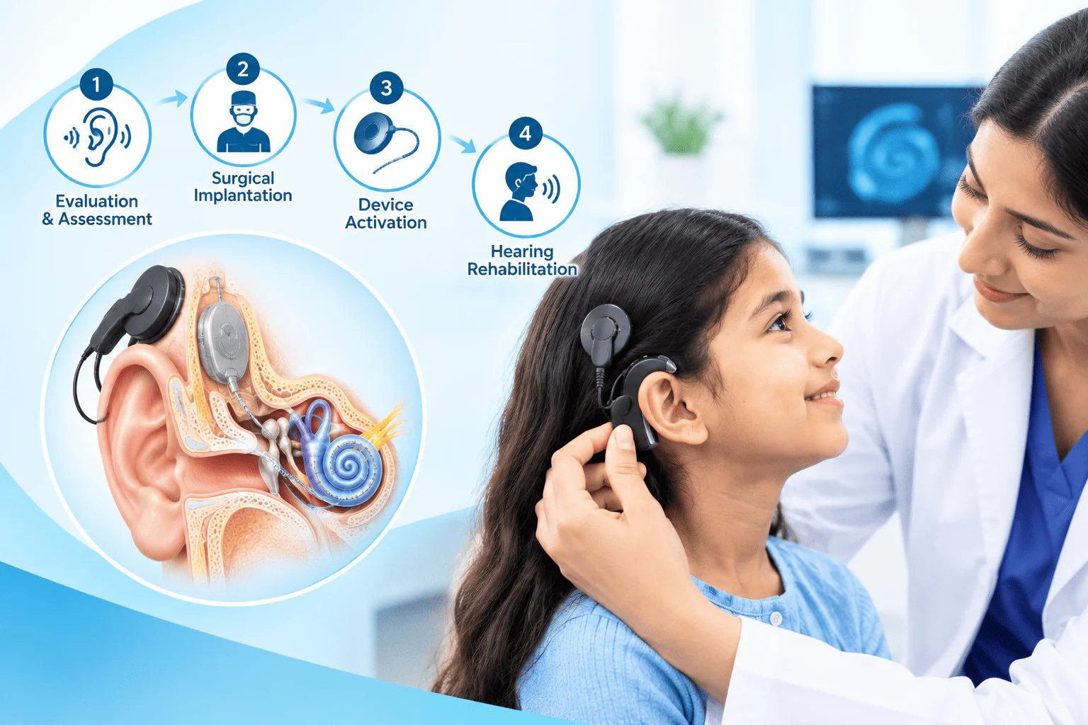 Audiologist fitting a cochlear implant sound processor on a patient