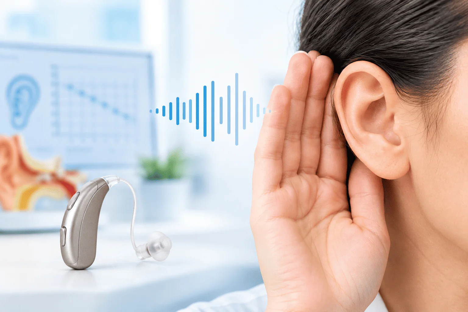 Audiologist performing a hearing test on a patient