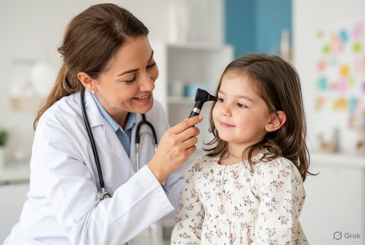 Pediatric ENT specialist caring for a child