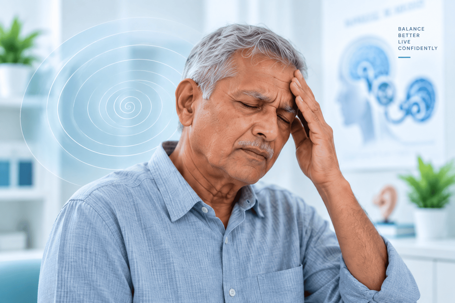 Elderly man experiencing vertigo